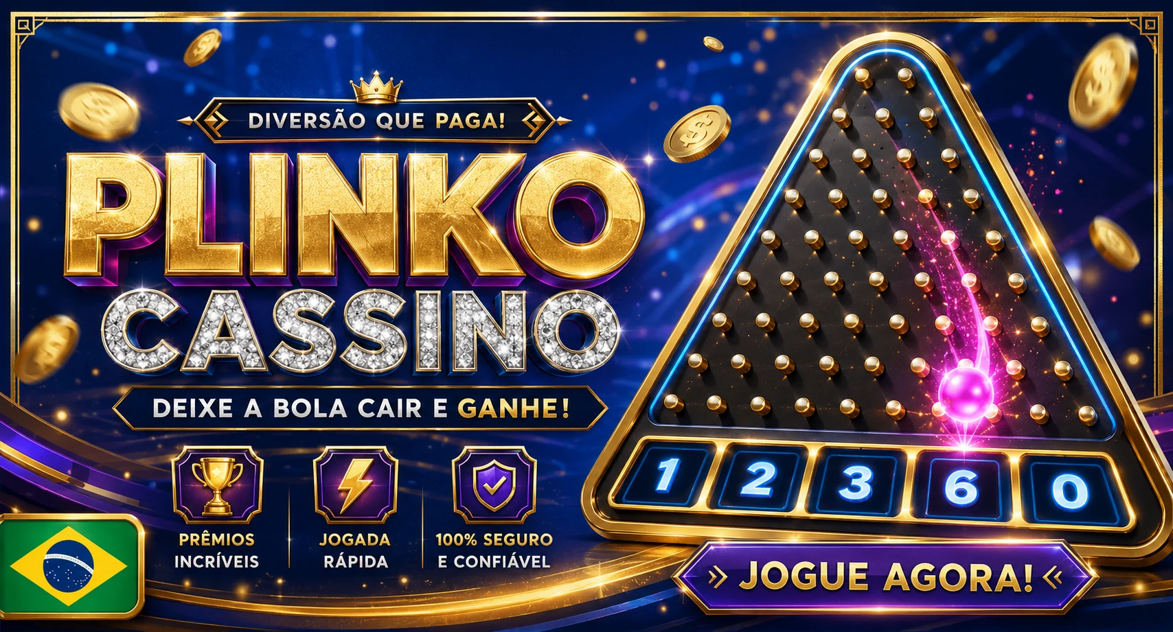 Banner de Plinko Casino com tabuleiro e bandeira do Brasil