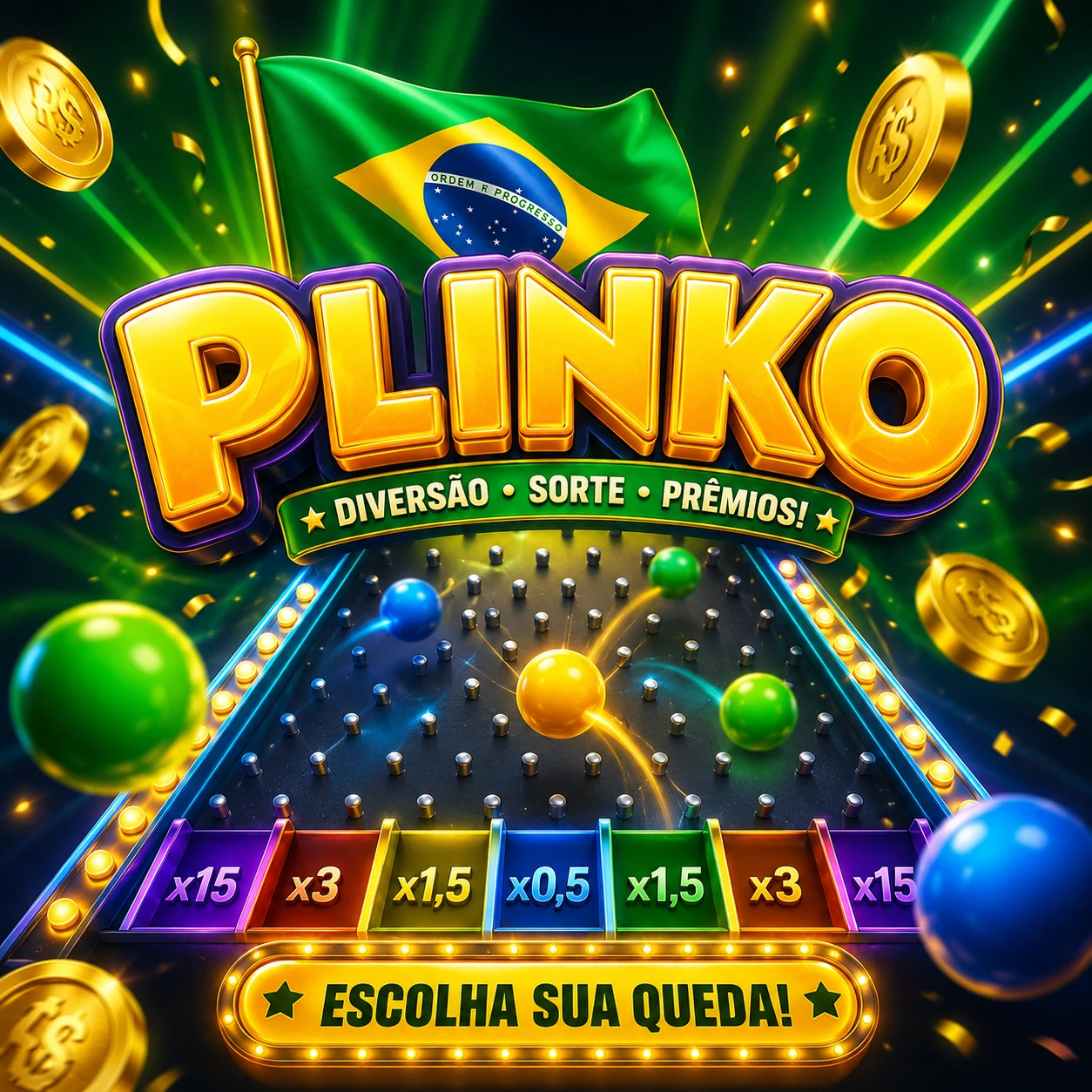 Tabuleiro de Plinko com bolas coloridas, moedas e bandeira do Brasil