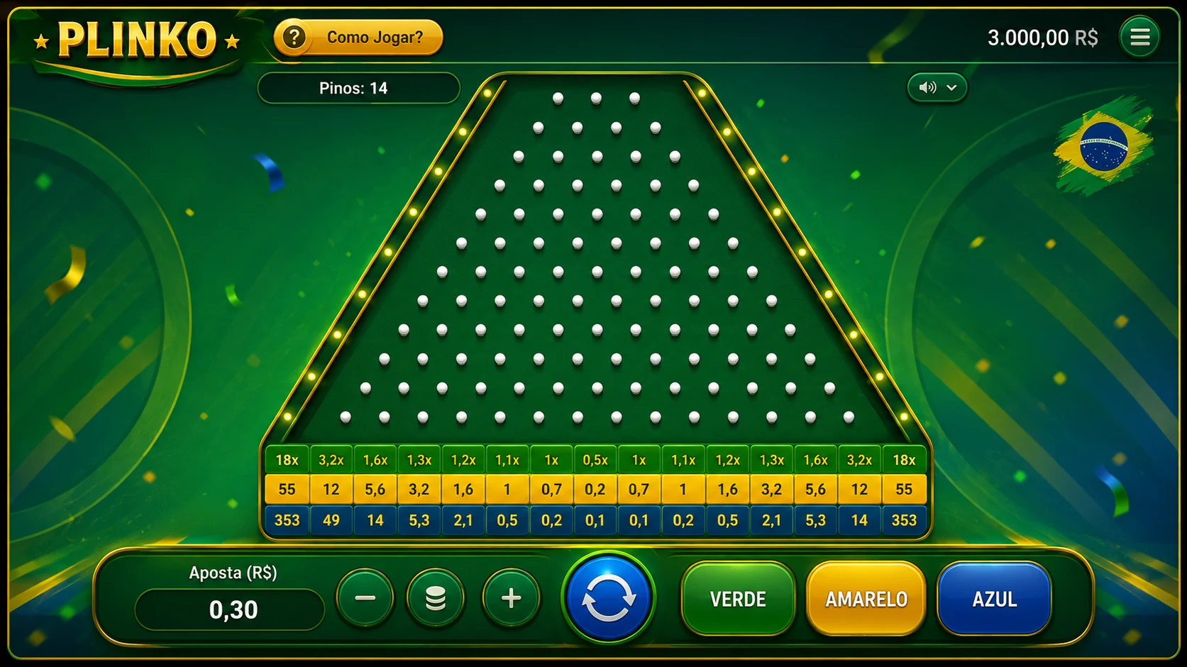 Interface de Plinko com aposta e multiplicadores em reais