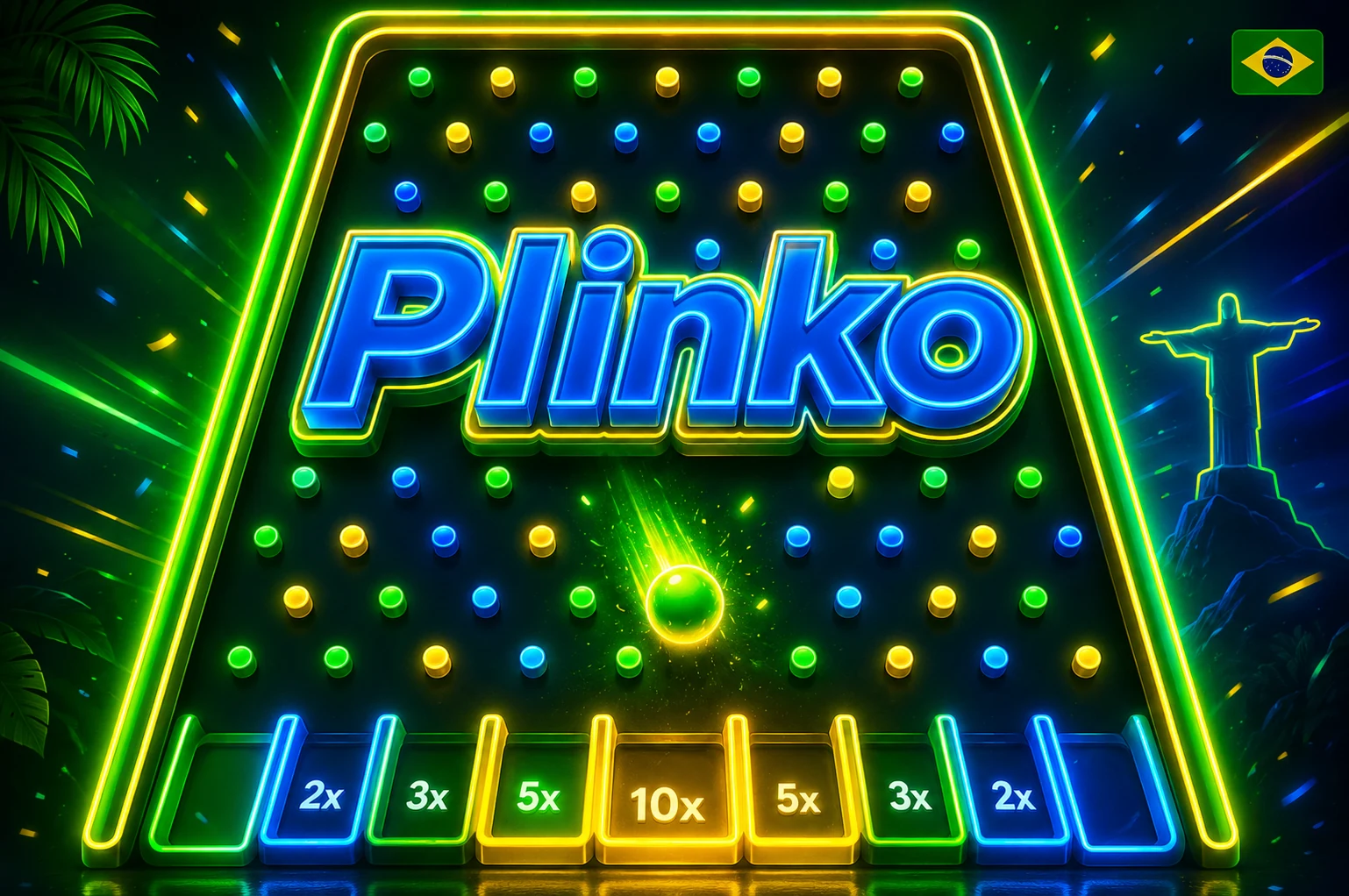 Tabuleiro de Plinko em neon com detalhes do Brasil